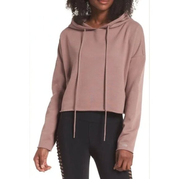 Alo Yoga Box Crop Hoodie Raw Hem in Smoky Quartz Terry Cloth Size Small - Picture 1 of 8